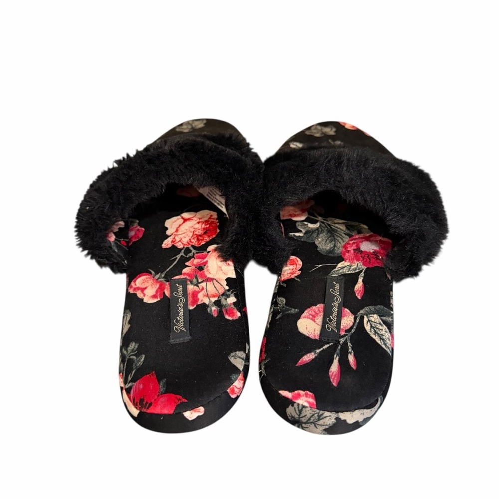 Victoria's Secret Black Floral Slippers with Faux Fur‎ - Picture 4 of 8